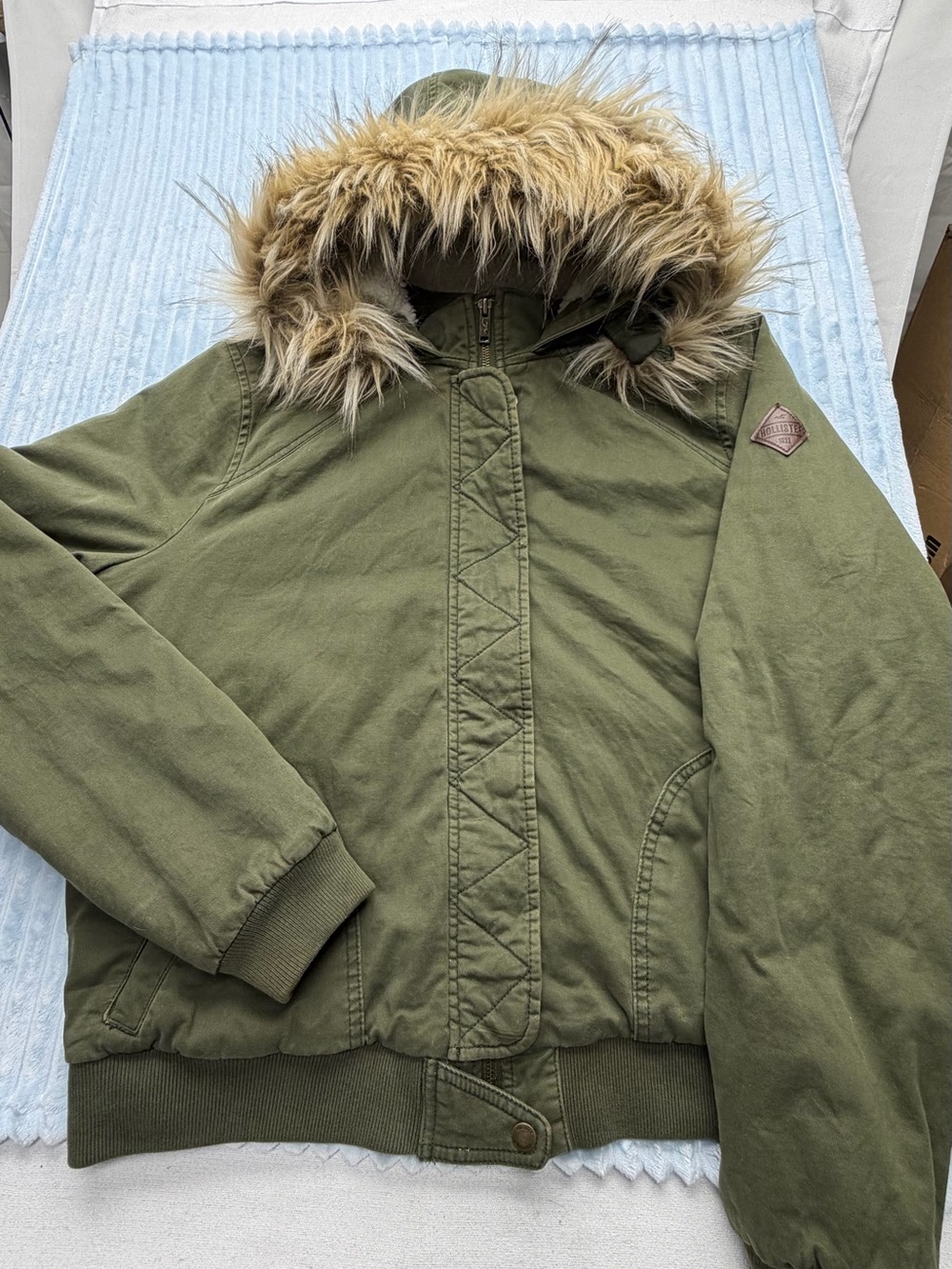 Hollister Olive Green Jacket with Red & Navy Plaid Lining